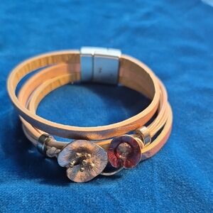 Peach Faux Leather Floral Wrap Bracelet